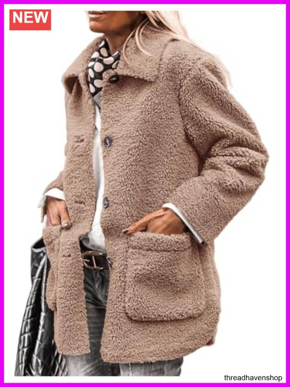 Faux Fur Coat Long Sleeve Lapel Button Down Pockets Sherpa Jacket Women Warm